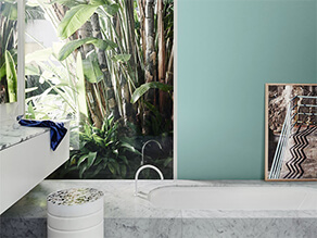 Blue Wall bathroom with Marble Bath and Marble Counter Top with Plants